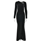 Elegant Slim Dress Diagonal Collar Long Sleeve Pleated Bright Silk Dress